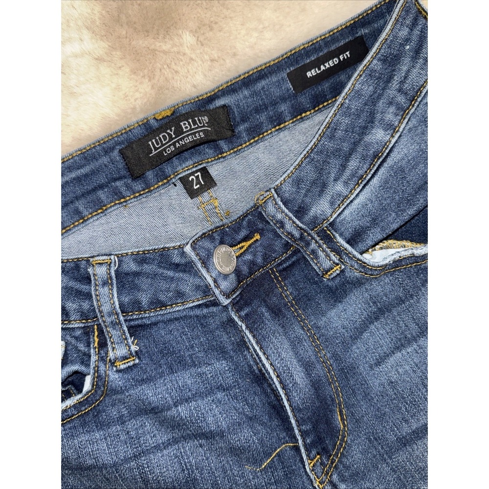 Judy Blue Jeans Womens 27 Blue Relaxed Fit Mid Rise Stretch Distressed Whiskered